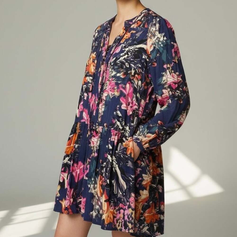 Anthropologie Maeve Floral Caravan Pintuck Tunic Dress Petit XS Boho Festival